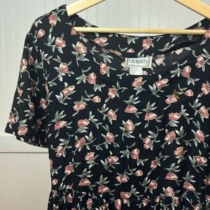 Vintage Black Floral Maxi Dress Short Sleeve Cottagecore Boho Rose L Hippie